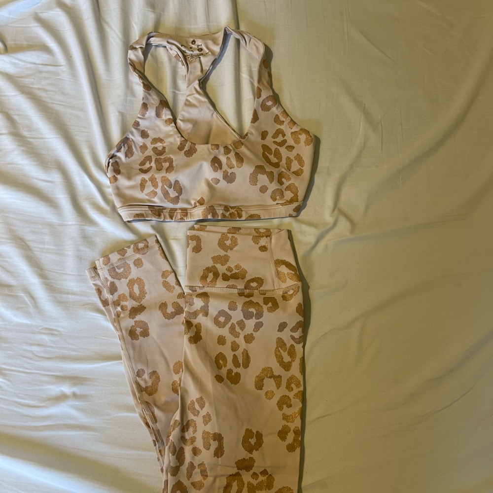 Spiritual Gangster Leopard Print Activewear Set - Cream and Gold